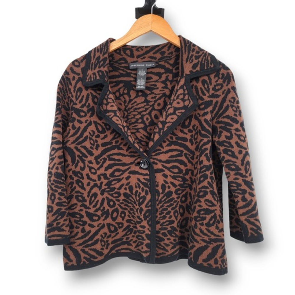 Josephine Chaus Womens Animal Print Knit‎ Cardigan Sweater Brown Black Small S